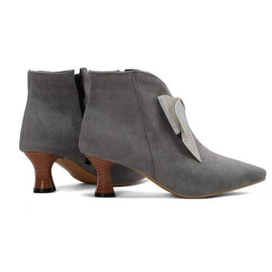 gray Women's vintage rhinestone bowknot kitten heels booties
