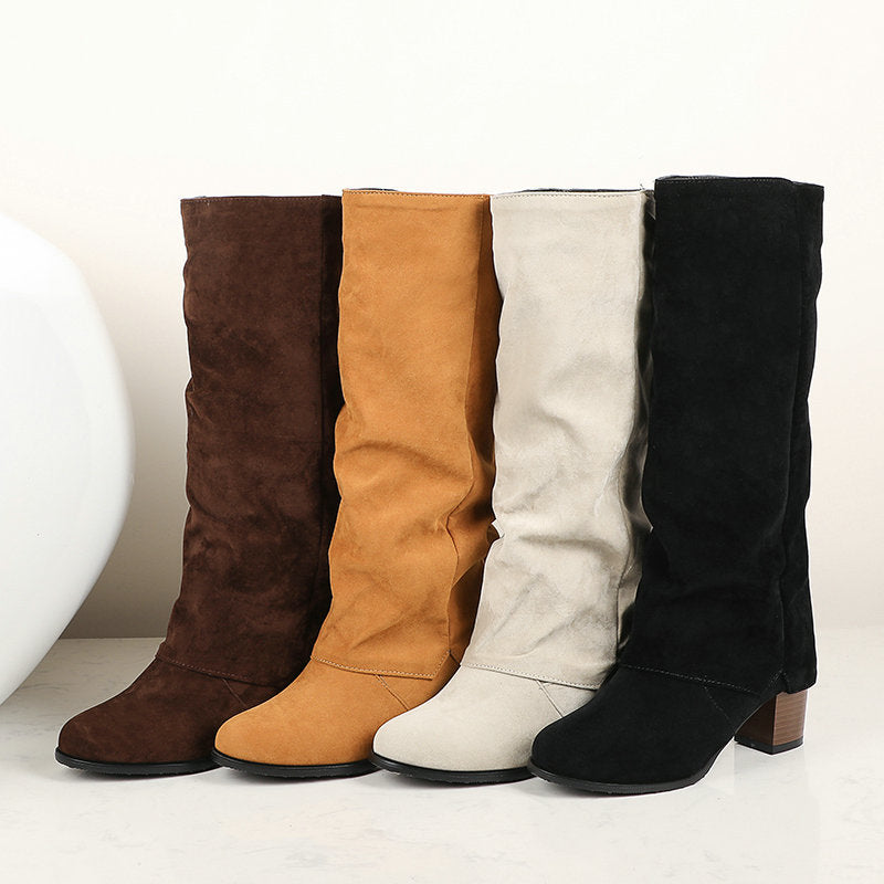Women's vintage slouch fold over chunky heels knee high boots