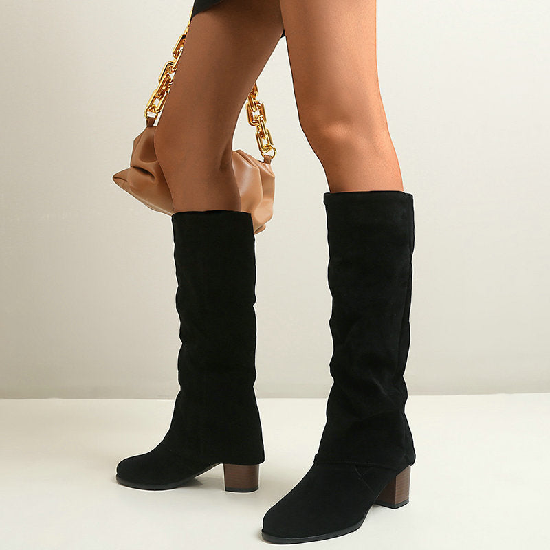 Women's vintage slouch fold over chunky heels knee high boots