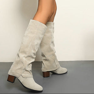 Women's vintage slouch fold over chunky heels knee high boots
