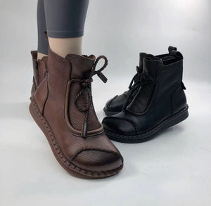 Women's vintage soft flat lace up boots wide toe