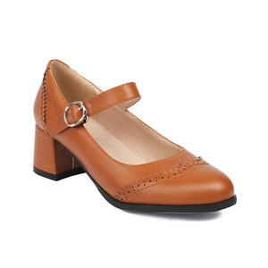 Women's vintage wingtip block heels Mary Jane pumps