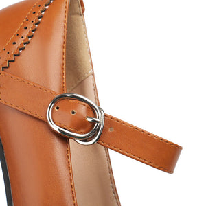 Women's vintage wingtip block heels Mary Jane pumps