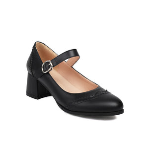Women's vintage wingtip block heels Mary Jane pumps