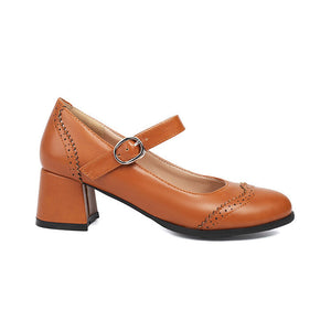 Women's vintage wingtip block heels Mary Jane pumps