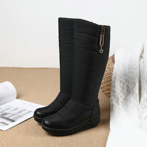 Women's warm plush lined down cloth chunky platform knee high snow boots