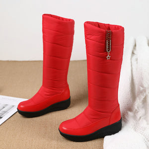 Women's warm plush lined down cloth chunky platform knee high snow boots