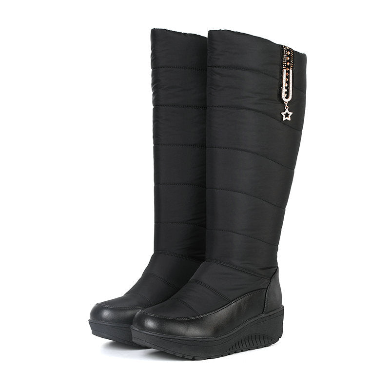Women's warm plush lined down cloth chunky platform knee high snow boots