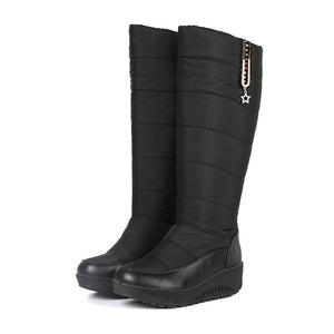 Women's warm plush lined down cloth chunky platform knee high snow boots
