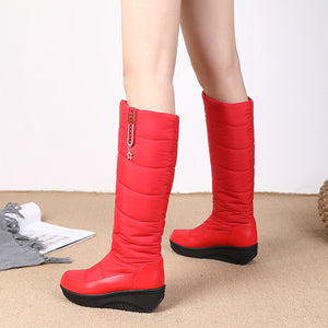 Women's warm plush lined down cloth chunky platform knee high snow boots