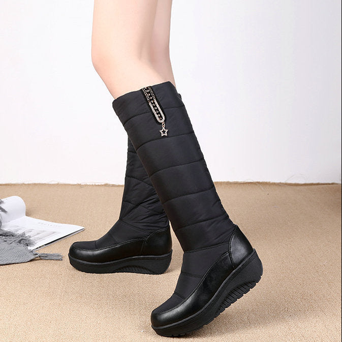 Women's warm plush lined down cloth chunky platform knee high snow boots