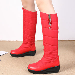 Women's warm plush lined down cloth chunky platform knee high snow boots