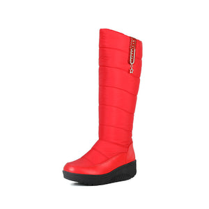 Women's warm plush lined down cloth chunky platform knee high snow boots