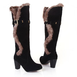 Women's warm thick plush lined knee high snow boots with belt buckle