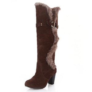 Women's warm thick plush lined knee high snow boots with belt buckle