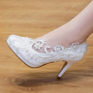 Women's white flower lace & pearl embellished high heels bridal pumps 3.5 inches