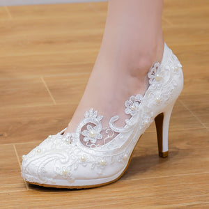 Women's white flower lace & pearl embellished high heels bridal pumps 3.5 inches