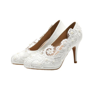 Women's white flower lace & pearl embellished high heels bridal pumps 3.5 inches