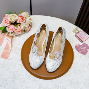 Women's white flower lace & pearl embellished high heels bridal pumps 3.5 inches