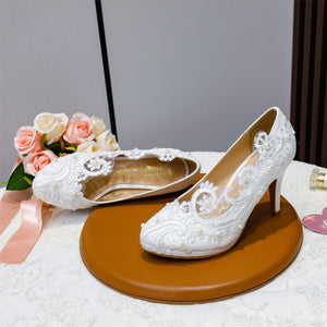 Women's white flower lace & pearl embellished high heels bridal pumps 3.5 inches
