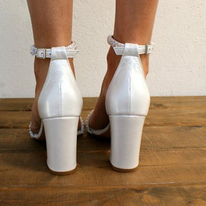 Women's white pearl-embellished block heels bridal sandals