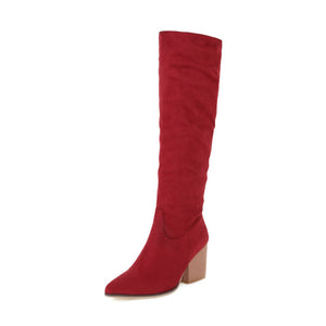 red Women's winter chunky heels knee high boots