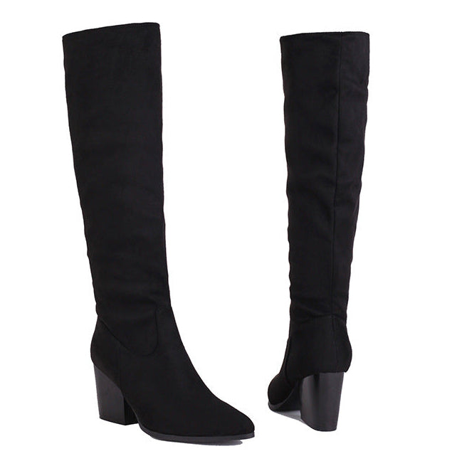 black Women's winter chunky heels knee high boots