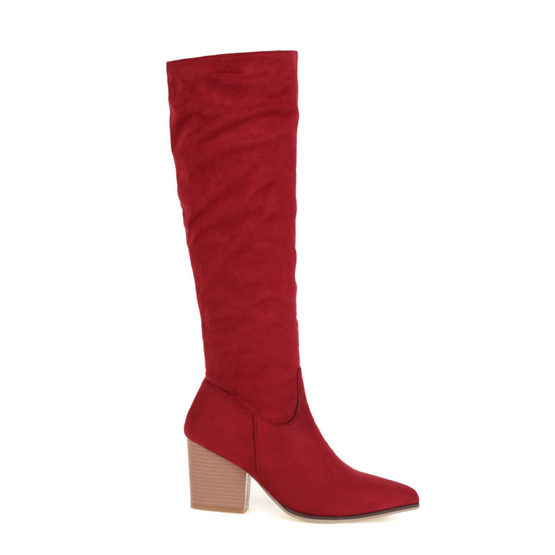 red Women's winter chunky heels knee high boots