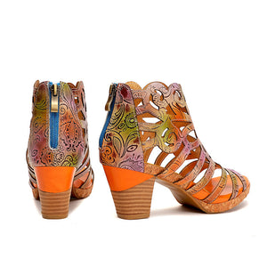 Women vintage hollow flower peep toe back zipper chunky heeled boots