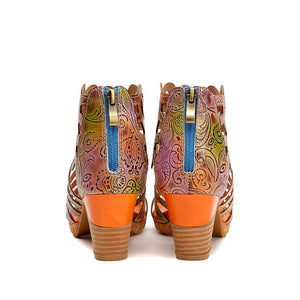 Women vintage hollow flower peep toe back zipper chunky heeled boots