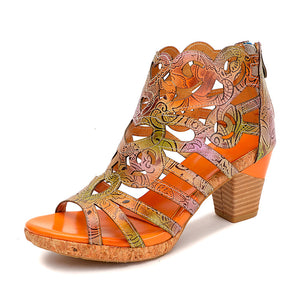 Women vintage hollow flower peep toe back zipper chunky heeled boots