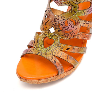 Women vintage hollow flower peep toe back zipper chunky heeled boots