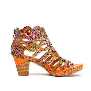 Women vintage hollow flower peep toe back zipper chunky heeled boots