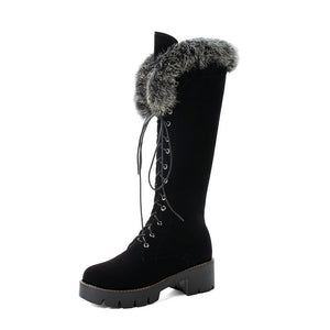 Women winter snow faux fur lace up chunky platform knee high boots