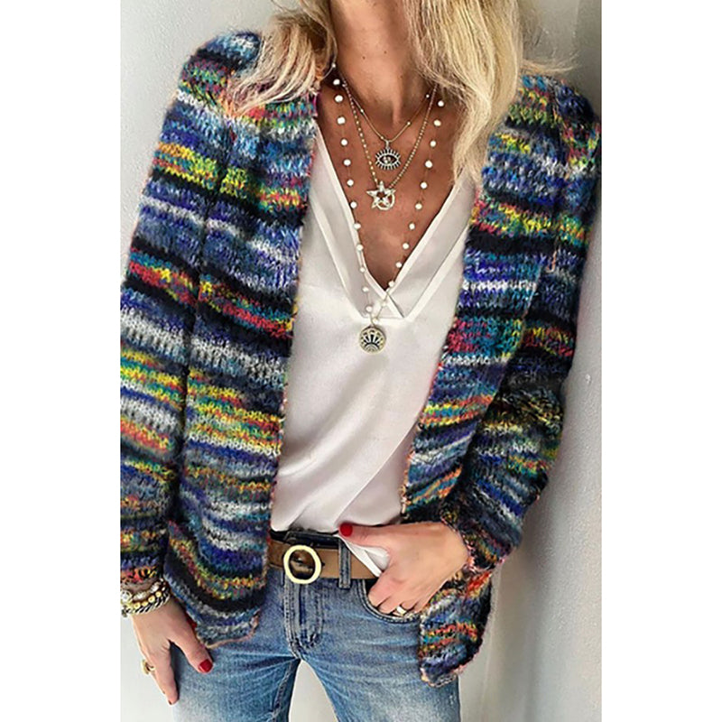 Women long sleeve knitted colorful light striped cardigan