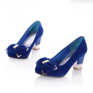 Womens' faux suede cute bowknot chunky heels pumps