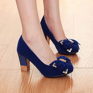 Womens' faux suede cute bowknot chunky heels pumps