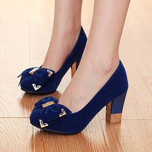 Womens' faux suede cute bowknot chunky heels pumps