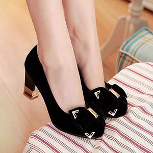 Womens' faux suede cute bowknot chunky heels pumps