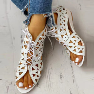 Womens' peep toe hollow low heel gladiator sandals with back zipper