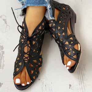 Womens' peep toe hollow low heel gladiator sandals with back zipper