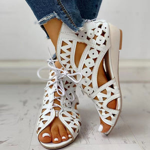 Womens' peep toe hollow low heel gladiator sandals with back zipper