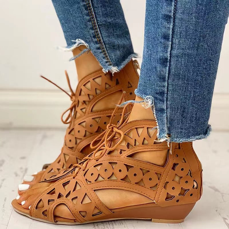 Womens' peep toe hollow low heel gladiator sandals with back zipper