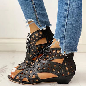 Womens' peep toe hollow low heel gladiator sandals with back zipper
