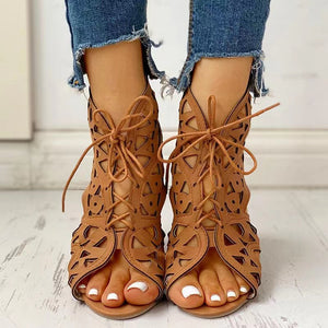 Womens' peep toe hollow low heel gladiator sandals with back zipper