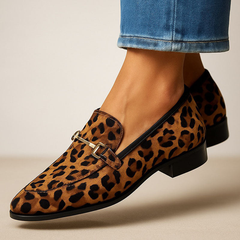 Women's Leopard Print Loafers – Faux Suede With Metal Hardware