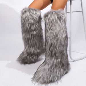 Women winter anti-skid flat heel faux fur knee high snow boots