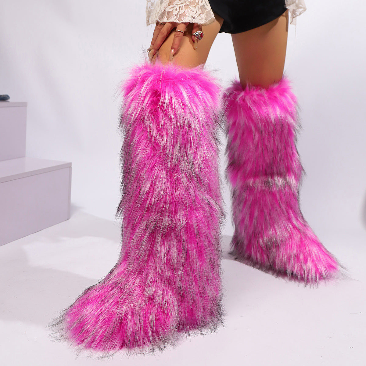 fuchsia Women winter anti-skid flat heel faux fur knee high snow boots