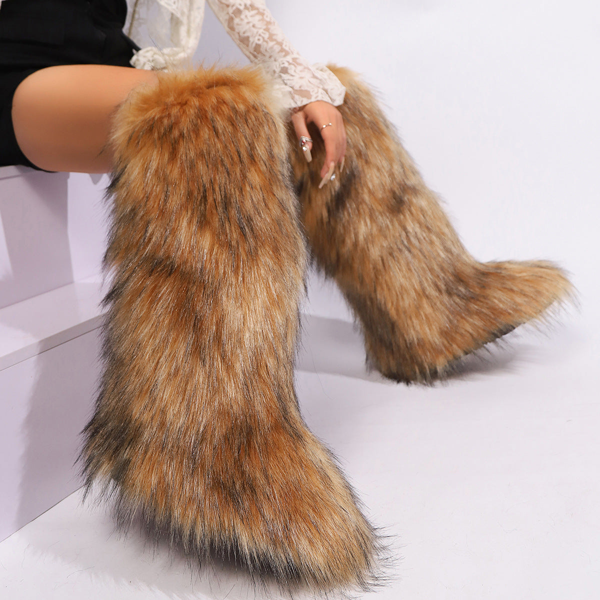 brown Women winter anti-skid flat heel faux fur knee high snow boots