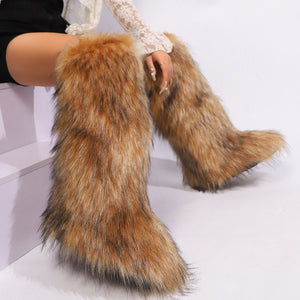 brown Women winter anti-skid flat heel faux fur knee high snow boots
